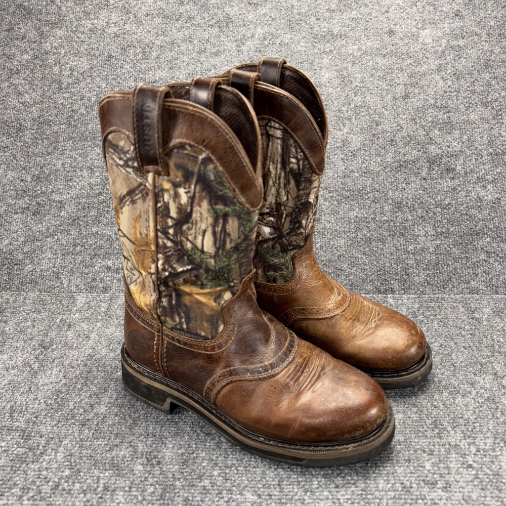 Justin WK4675 Men's 7.5D Camo Leather Work Boots EH ASTM Pull-On Cowboy